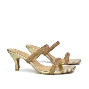 XYLONDON Nancy Square Toe Diamante Strappy Slip On Low Kitten Heel Gold, size 8